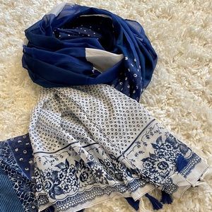 Blue and white multiple patterns tassels scarf NEW